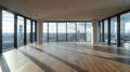 Spacious Modern Apartment with Panoramic City View. Empty Interior Space with Large Windows and Sunlight. Ideal for Royalty Free Stock Photo