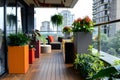 Modern urban balcony garden with lush plants Royalty Free Stock Photo