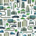 Modern urban vector city buildings and transport seamless pattern megapolice town background illustration Royalty Free Stock Photo