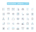 Modern urban city linear icons set. Skyscrapers, Diversity, Traffic, Graffiti, Pollution, Nightlife, Architecture line