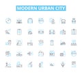 Modern urban city linear icons set. Skyscrapers, Diversity, Traffic, Graffiti, Pollution, Nightlife, Architecture line