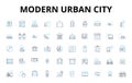 Modern urban city linear icons set. Skyscrapers, Diversity, Traffic, Graffiti, Pollution, Nightlife, Architecture vector