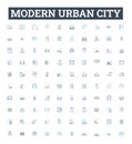 Modern urban city vector line icons set. Urban, Modern, City, Skyscrapers, Metropolis, Subway, Crowds illustration Royalty Free Stock Photo