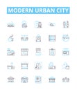 Modern urban city vector line icons set. Urban, Modern, City, Skyscrapers, Metropolis, Subway, Crowds illustration