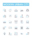 Modern urban city vector line icons set. Urban, Modern, City, Skyscrapers, Metropolis, Subway, Crowds illustration