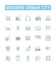 Modern urban city vector line icons set. Urban, Modern, City, Skyscrapers, Metropolis, Subway, Crowds illustration