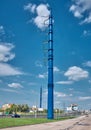 Modern urban high voltage tower, power supply in the city: Moscow, Russia - August 15, 2021