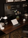 Modern urban loft home workspace with tablet mockup on wood table against the black wall