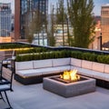 A modern, urban rooftop bar with sleek outdoor furniture, a fire pit, and panoramic city views4, Generative AI Royalty Free Stock Photo