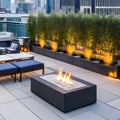 A modern, urban rooftop bar with sleek outdoor furniture, a fire pit, and panoramic city views3, Generative AI Royalty Free Stock Photo