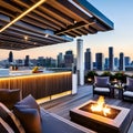 A modern, urban rooftop bar with sleek outdoor furniture, a fire pit, and panoramic city views5, Generative AI Royalty Free Stock Photo