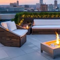 A modern, urban rooftop bar with sleek outdoor furniture, a fire pit, and panoramic city views1, Generative AI Royalty Free Stock Photo