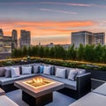 A modern, urban rooftop bar with sleek outdoor furniture, a fire pit, and panoramic city views2, Generative AI Royalty Free Stock Photo