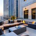 A modern, urban rooftop bar with sleek outdoor furniture, a fire pit, and panoramic city views3, Generative AI Royalty Free Stock Photo