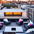 A modern, urban rooftop bar with sleek outdoor furniture, a fire pit, and panoramic city views2, Generative AI Royalty Free Stock Photo