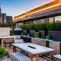 A modern, urban rooftop bar with sleek outdoor furniture, a fire pit, and panoramic city views5, Generative AI Royalty Free Stock Photo