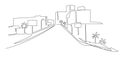 Modern urban scene continuous one line vector drawing. City architecture panoramic landscape. Street hand drawn