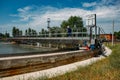 Modern urban sewage treatment plant. Dirty waste water flowing in sedimentation tank