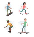 Modern urban teenage boys and girls on skateboard vector illustration. Set of isolated cartoon characters. City skaters