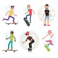 Modern urban teenage boys and girls on skateboard vector illustration. Set of isolated cartoon characters. City skaters