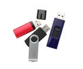 Modern usb flash drives on white background, top view Royalty Free Stock Photo