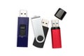 Modern usb flash drives on white background, top view Royalty Free Stock Photo