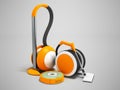 Modern vacuum cleaners with hoses and vacuum cleaner robot orange with white insets 3D render on gray background with shadow