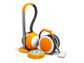 Modern vacuum cleaners with hoses and vacuum cleaner robot orange with white insets 3D render on white background with shadow