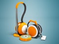 Modern vacuum cleaners with hoses and vacuum cleaner robot orange with white insets 3D render on blue background with shadow