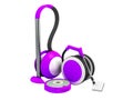 Modern vacuum cleaners with hoses and vacuum cleaner robot purple with white insets 3D render on white background no shadow