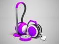 Modern vacuum cleaners with hoses and vacuum cleaner robot purple with white insets 3D render on gray background with shadow