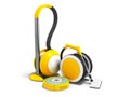 Modern vacuum cleaners with hoses and vacuum cleaner robot yellow with white insets 3D render on white background with shadow