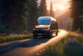 modern van traveling in nature along a country road, on a journey to adventure and freedom Royalty Free Stock Photo