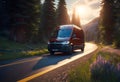 modern van traveling in nature along a country road, on a journey to adventure and freedom Royalty Free Stock Photo