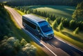 modern van traveling in nature along a country road, on a journey to adventure and freedom Royalty Free Stock Photo