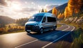 modern van traveling in nature along a country road, on a journey to adventure and freedom Royalty Free Stock Photo