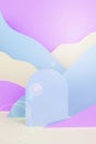 Modern vapor wave style stage mockup - arch podium, sun blinks, pastel mountain landscape - blue, violet, white color, vertical.