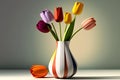 Modern vase on the table with colorful tulips