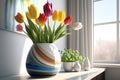 Modern vase on the table with colorful tulips