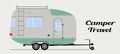 Modern vector camper trailer in flat style. Van illustration for travel leisure and adventure.