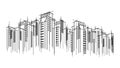 Modern vector dark city horizon scape sky scraper outline hand drawn background. Architectural business building