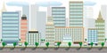 Modern vector flat cartoon cityscape with highway on front and different buildings - down town, with skyscrapers, shops and fast