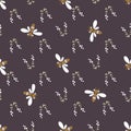 Modern vector floral pattern, small flowers, dragonflies, butterflies, insects with wings on a brown background. Seamless pattern