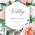 Modern vector floral wedding invite card template. Blush peach, dusty pink, white garden Rose flowers, Eucalyptus greenery, berry