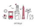 Modern vector illustration Antalya, Turkey with outline elements of famous turkish attractions. Royalty Free Stock Photo