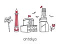 Modern vector illustration Antalya, Turkey with outline elements of famous turkish attractions. Royalty Free Stock Photo