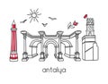 Modern vector illustration Antalya, Turkey with outline elements of famous turkish attractions. Royalty Free Stock Photo