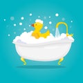 Modern vector illustration of bathtime and spa with soap foam bubbles and yellow duck. Royalty Free Stock Photo