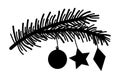 Modern Vector Illustration For Cards, Home Decor And Print Design. Black Christmas Tree Branch Silhouette With Ornaments Isolated