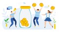 Modern vector illustration of Concept of charity and donation. Volunteers throw money symbol into a box for donations.